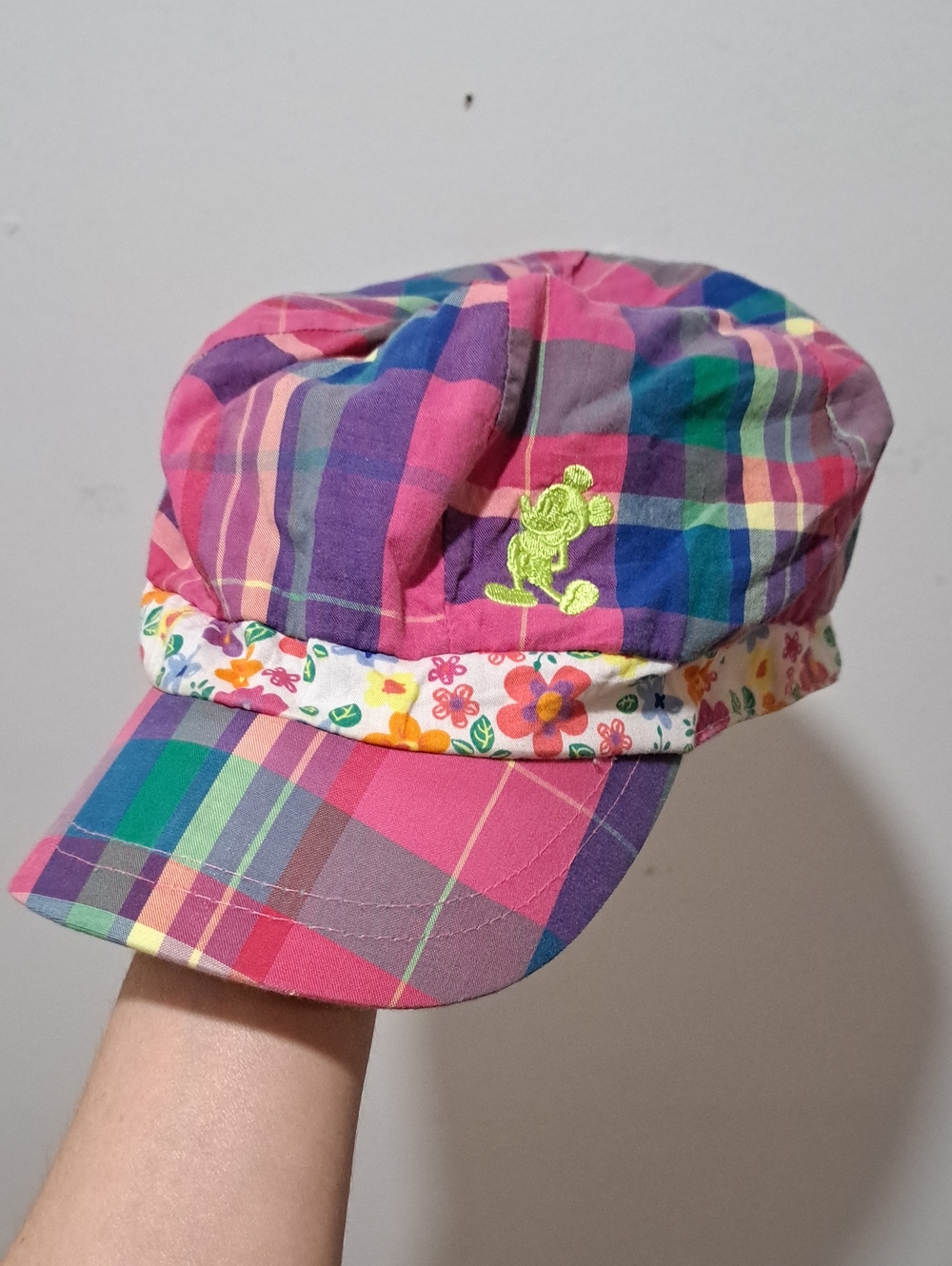 Disney Multicolor Plaid Pink Purple Green Floral Trim Hat